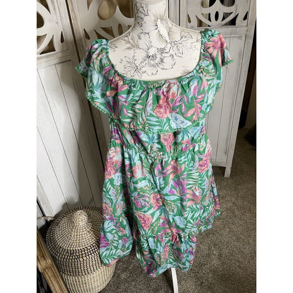 Women's Prairie Boho Green Floral Midi Dress Size 3X Pom Accent 24W-26W